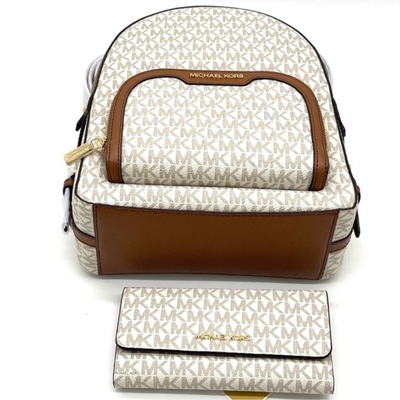 Michael Kors Jaycee Medium Zip Packet Backpack & Large Trifold Wallet Vanilla - Picture 5 of 13